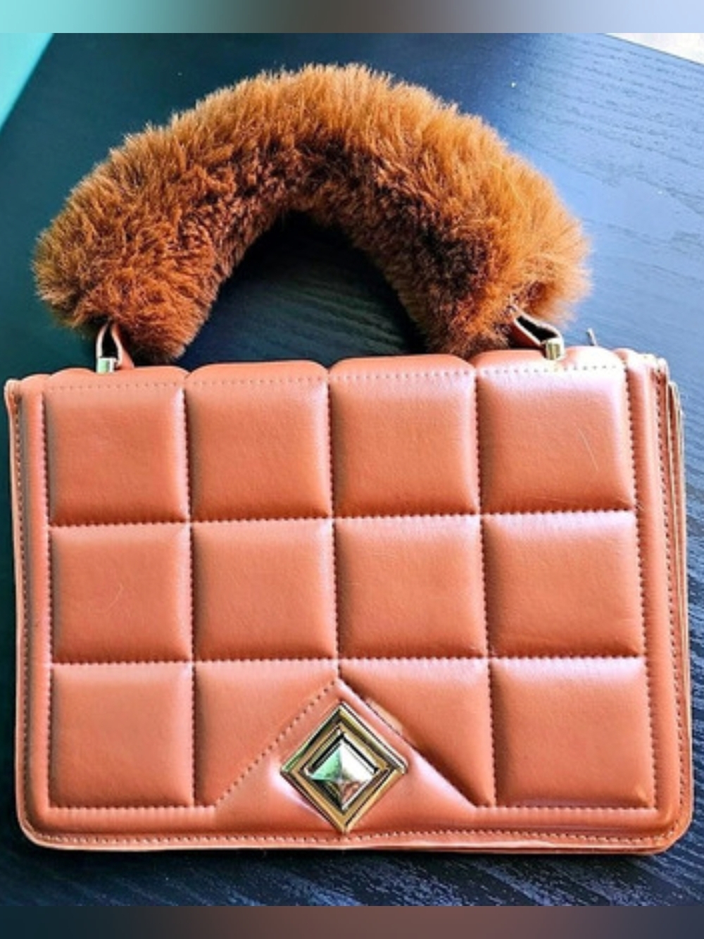 Quilted Handbag in Brown w/ Faux Fur handle OS